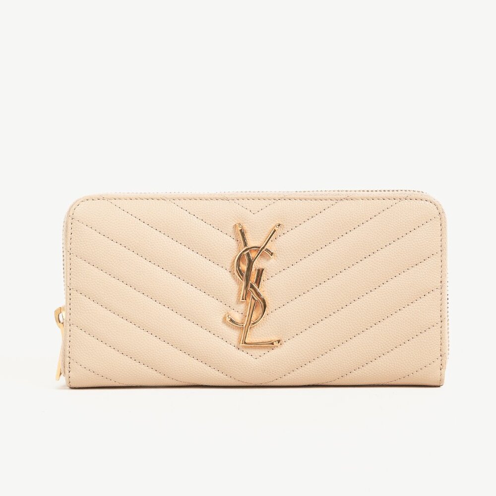 Saint Laurent Dark Beige Grain de Poudre Mattelasse Chevron YSL Monogram Wallet